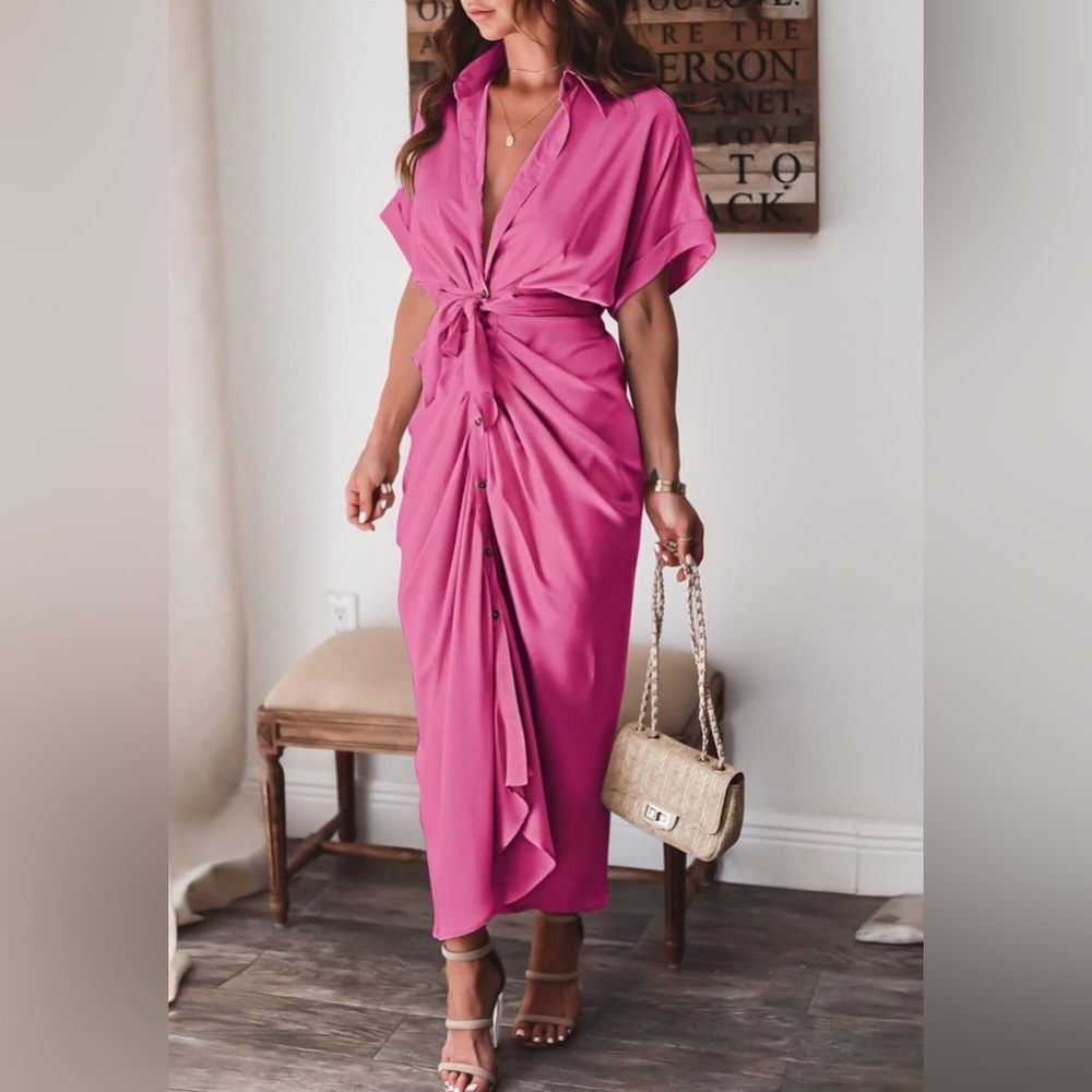 Women Elegant Satin Button Down Short Sleeve Maxi Shirt Dress with Belt